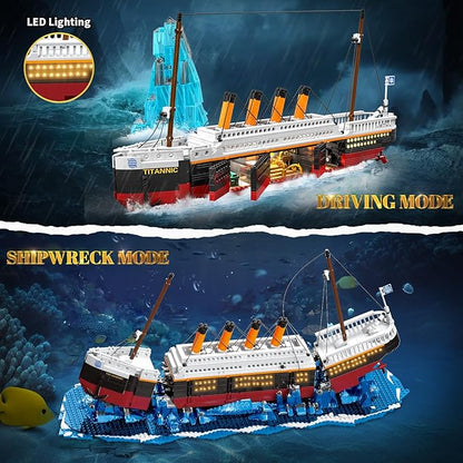 2 in 1 Titanic Building Set Titanic Big Ship Model Building Kit with Lights Bricks and Glacier Compatible with Lego for Adults Men 1928 Pieces STEM Construction Toy for Teens 14+