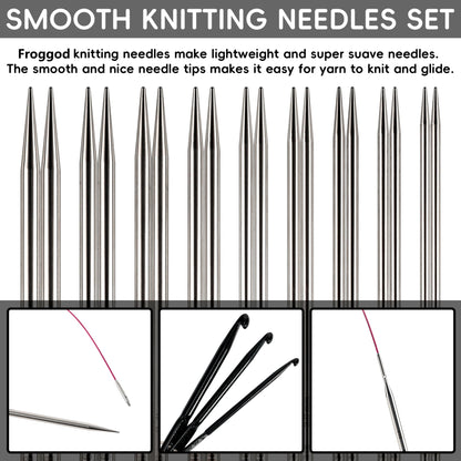 Froggod 5-Inch Stainless Steel Lace Interchangeable Circular Knitting Needle Set, Sizes US 0, 1, 2, 3, 4, 5, 6, 7, 8 Interchangeable Knitting Needles Lace-Tip with 4 Assorted Cables with Project Bag