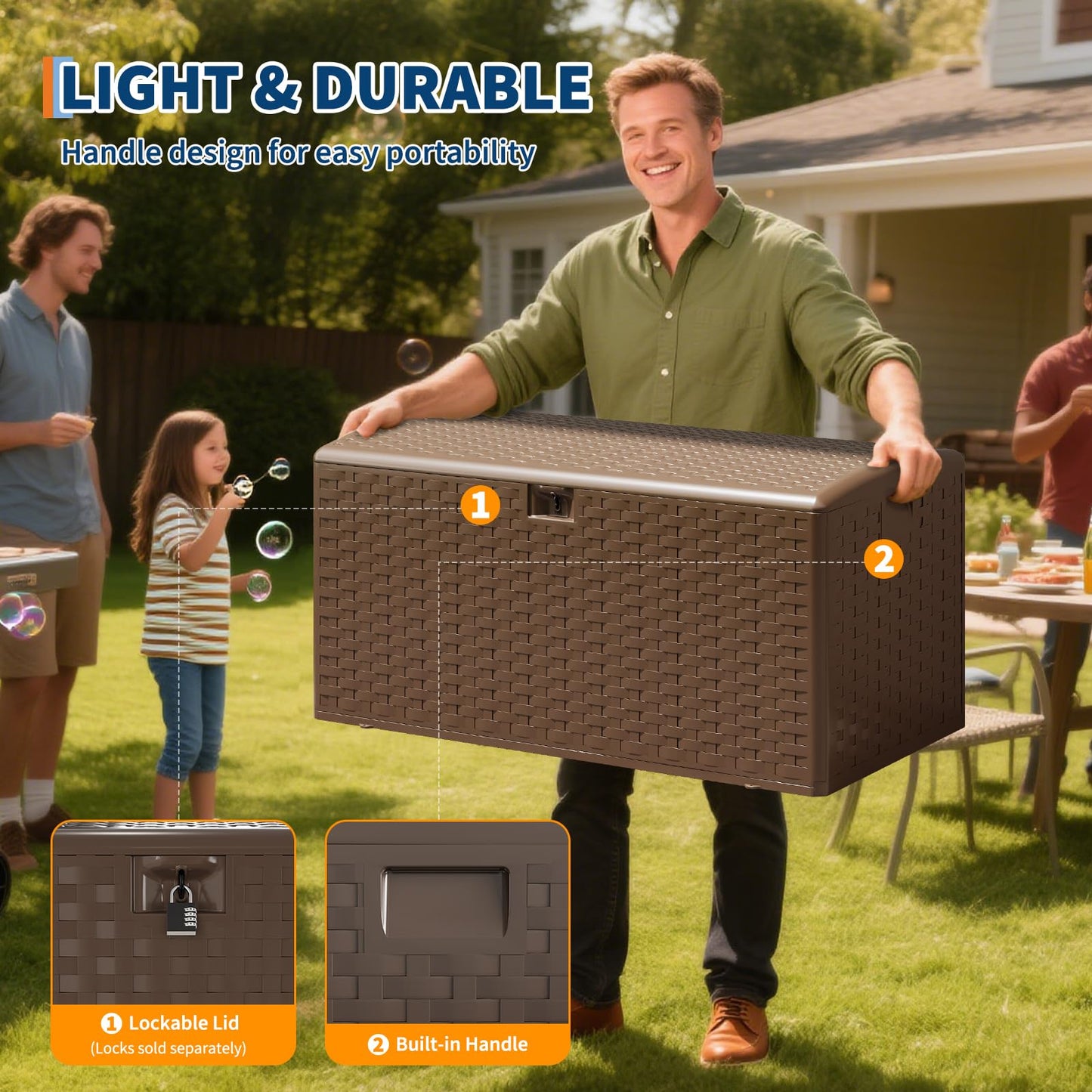 GarveeLife 100 Gallon Outdoor Storage Box, Large Resin Deck Box with Hydraulic Air Rod, Weatherproof & Lockable Outdoor Storage Bin for Patio Cushions, Garden Tools, Pool Supplies, Porch, Brown