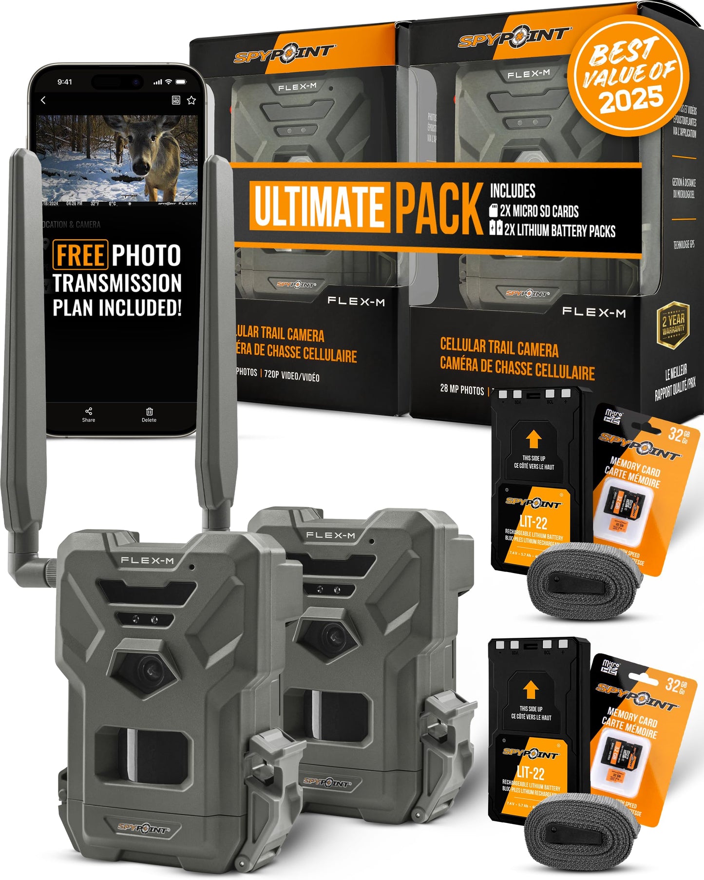 SPYPOINT Flex-M 2-Pack and SD Card 2-Pack with LIT-22 | Cellular Trail Cameras | Best Value in Hunting | No WiFi Needed, GPS-Enabled | Night Vision | IP65 Waterproof | 28MP Photos, 720p Videos