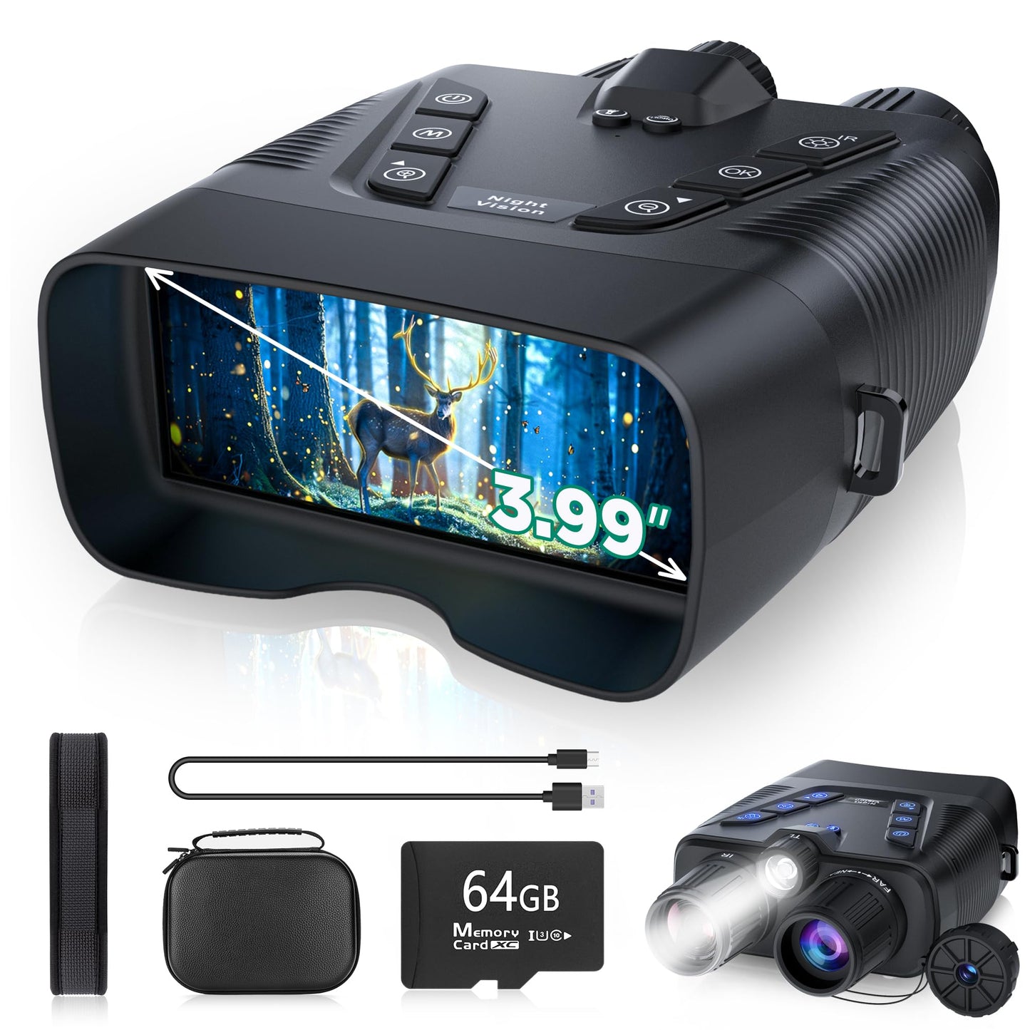 4K Night Vision Goggles, 58MP Full-Color Night Vision Binoculars with 10000mAh Rechargeable Battery, 64GB Card, 3.99" Screen and 1968FT Viewing Range for Camping Hunting & Security