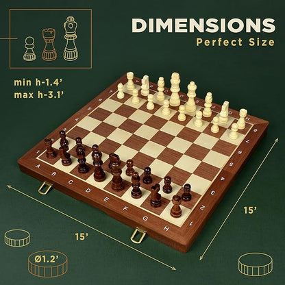 2 in 1 Magnetic Chess Set &amp Checkers Board Game for Adults and Kids - 15 Chess Tournament Chessboard with Magnetic Pieces - Free E-Book with Chess Puzzles