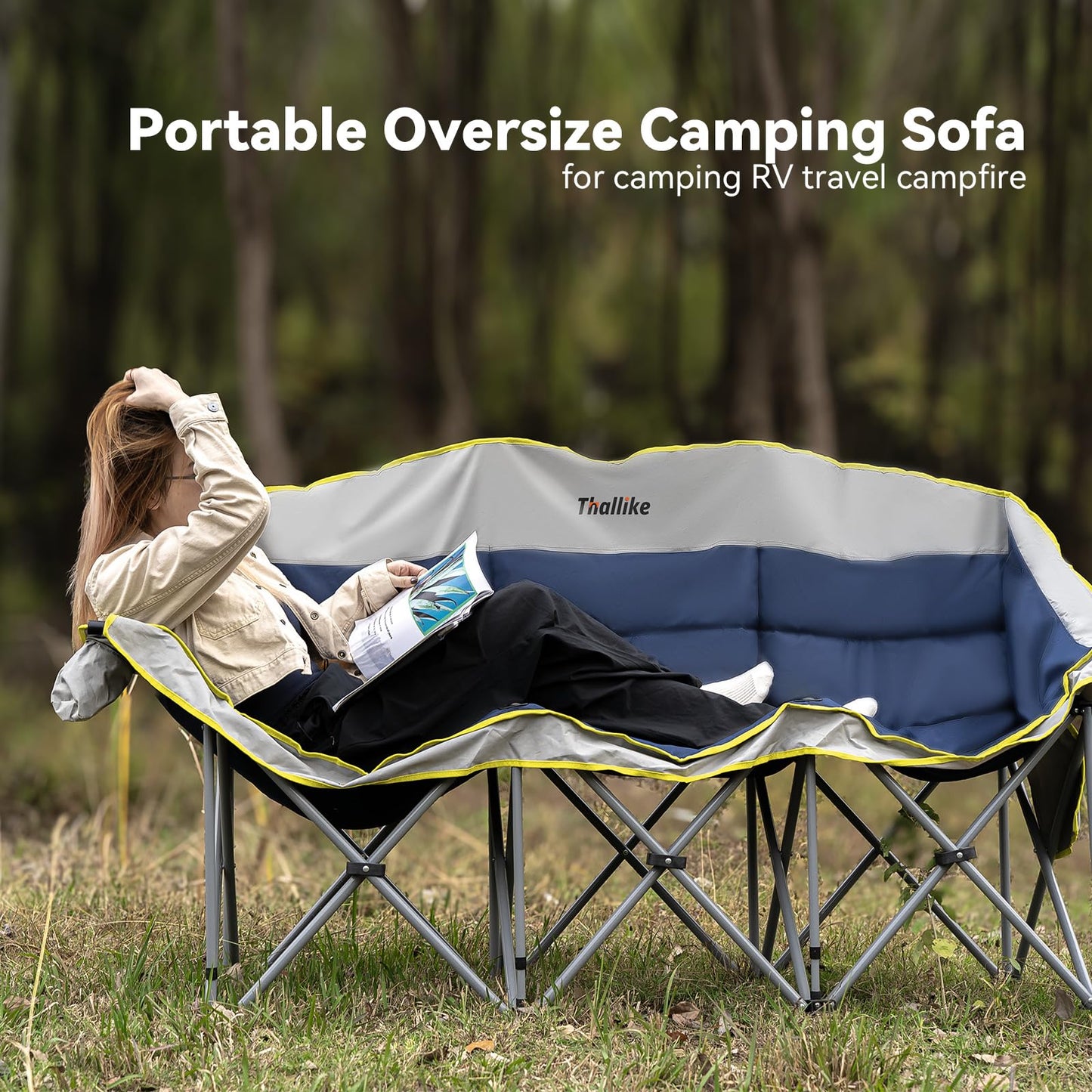 Thallike Double Camping Chair – 2-3 Person Outdoor Folding Sofa with Cup & Wine Glass Holders – Oversized Loveseat Camping Couch for Campfire, RV, Backyard – Supports Up to 1050 lbs