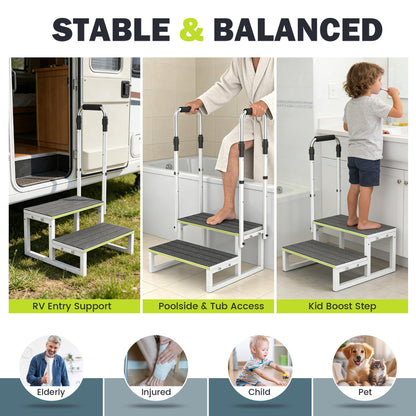 DEPSUNNY RV Step Stool with Handrail, 2 Steps 1 Handrail, Wider Platform, Anti-Slip Mats, Step Stool with Handle for Elderly, Portable RV Stairs for Hot Tub/Camper/Mobile Home/SPA Pool/Pet Stairs