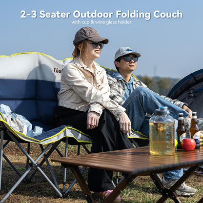Thallike Double Camping Chair – 2-3 Person Outdoor Folding Sofa with Cup & Wine Glass Holders – Oversized Loveseat Camping Couch for Campfire, RV, Backyard – Supports Up to 1050 lbs