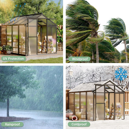 6X8FT Greenhouse, Aluminum Polycarbonate Green House, Green Houses for Outside with Sliding Doors, Ourdoor Greenhouse with Ajustable Roof Vent, Withstands Bad Weather for Garden, or Backyard, Black