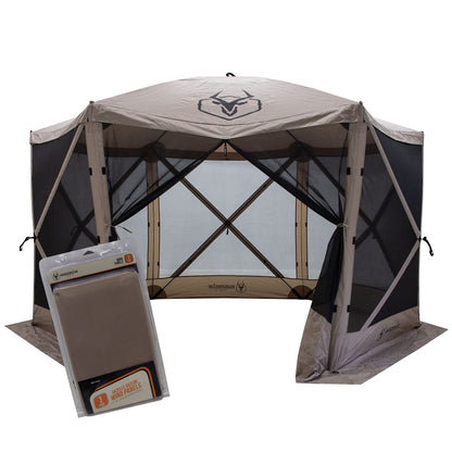 Gazelle Tents™ G6 6-Sided Portable Gazebo with TriTech Mesh, Easy Pop-Up Hub Screen Tent, Waterproof, UV Resistant, 8-Person & Table, Desert Sand, 86" x 124" x 124", GK914, Includes 3 Wind Panels