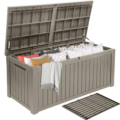 DWVO 180 Gallon XL Deck Box with Divider & Lockable Lid, Waterproof Resin Outdoor Storage for Patio, Garden, Poolside, Cushions, Supplies & Sports Gear, Light Brown