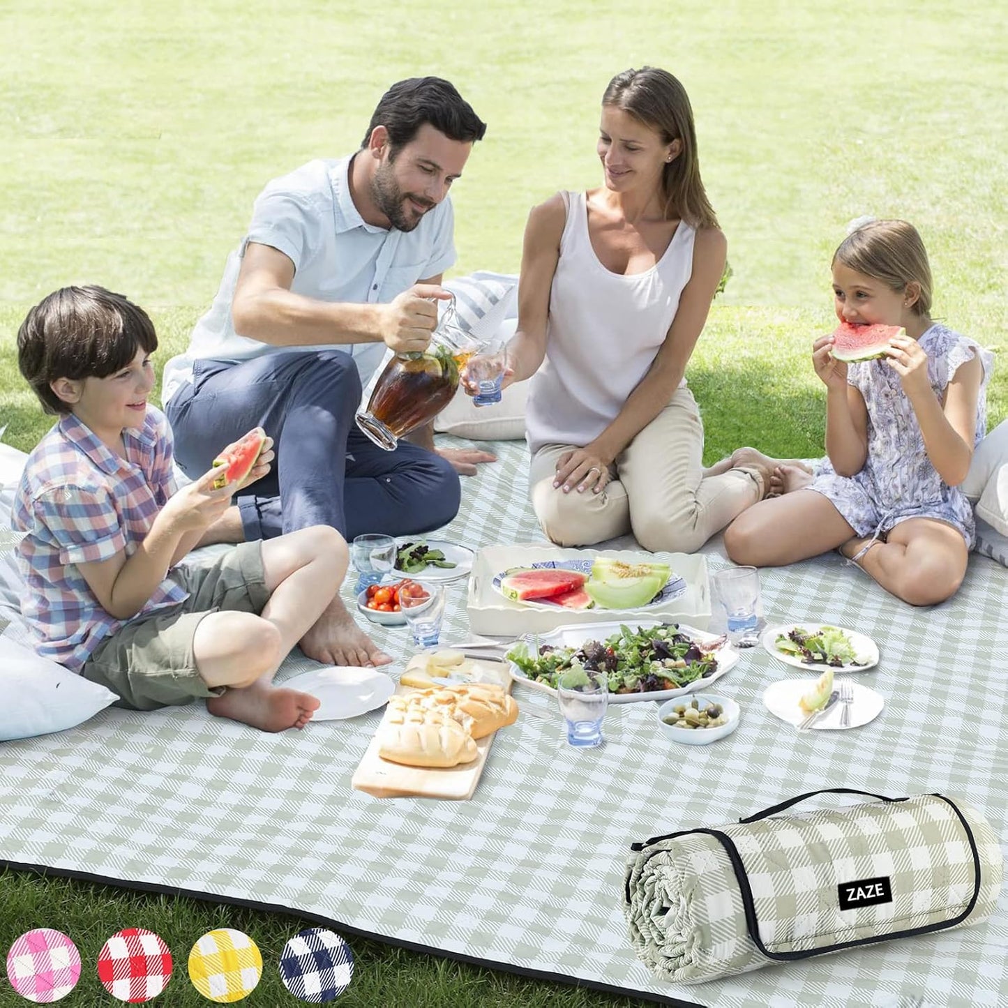 ZAZE Extra Large Waterproof Picnic Blanket - 80''x80'' Gingham Mat for Beach & Camping | Green & White