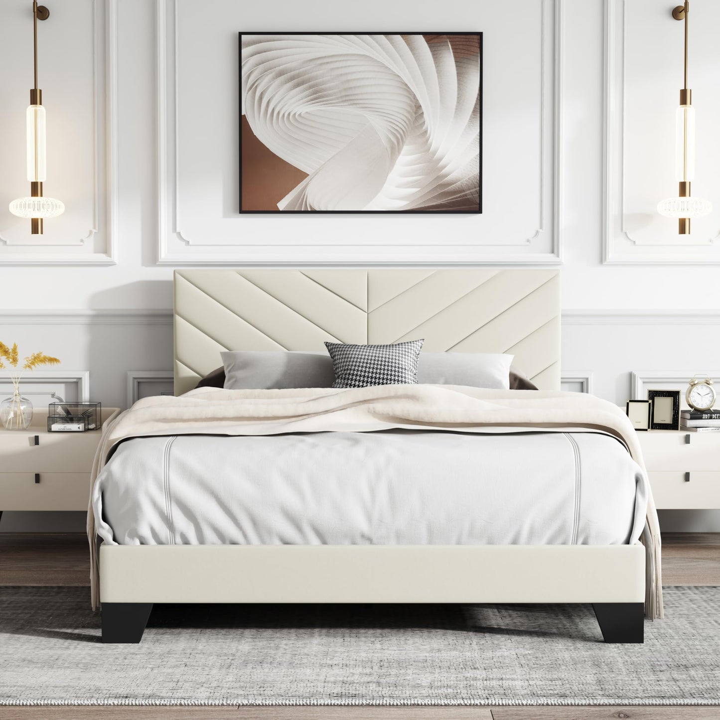 IOILORI Full Size Bed Frame Platform with Upholstered Headboard, Sturdy Wooden Slats, Noiseless, No Springs Required, Easy to Assemble Beige