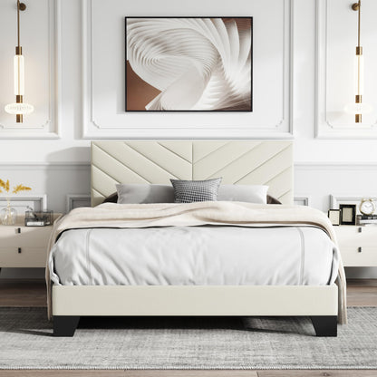 IOILORI Full Size Bed Frame Platform with Upholstered Headboard, Sturdy Wooden Slats, Noiseless, No Springs Required, Easy to Assemble Beige