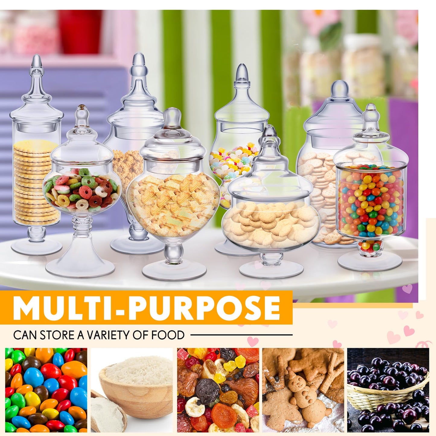 Hushee 8 Pcs Large Apothecary Candy Jars with Lids Glass Clear Candy Buffet Containers Set Apothecary Kit Candy Dishes with Lids for Bathroom Candy Bar Kitchen Decoration