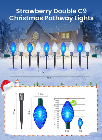 Minetom Christmas Pathway Lights - 2 Pack 13.5Ft C9 LED with 10 Stakes, Blue & Cool White, Waterproof, Model GY-C-50.6-U-B