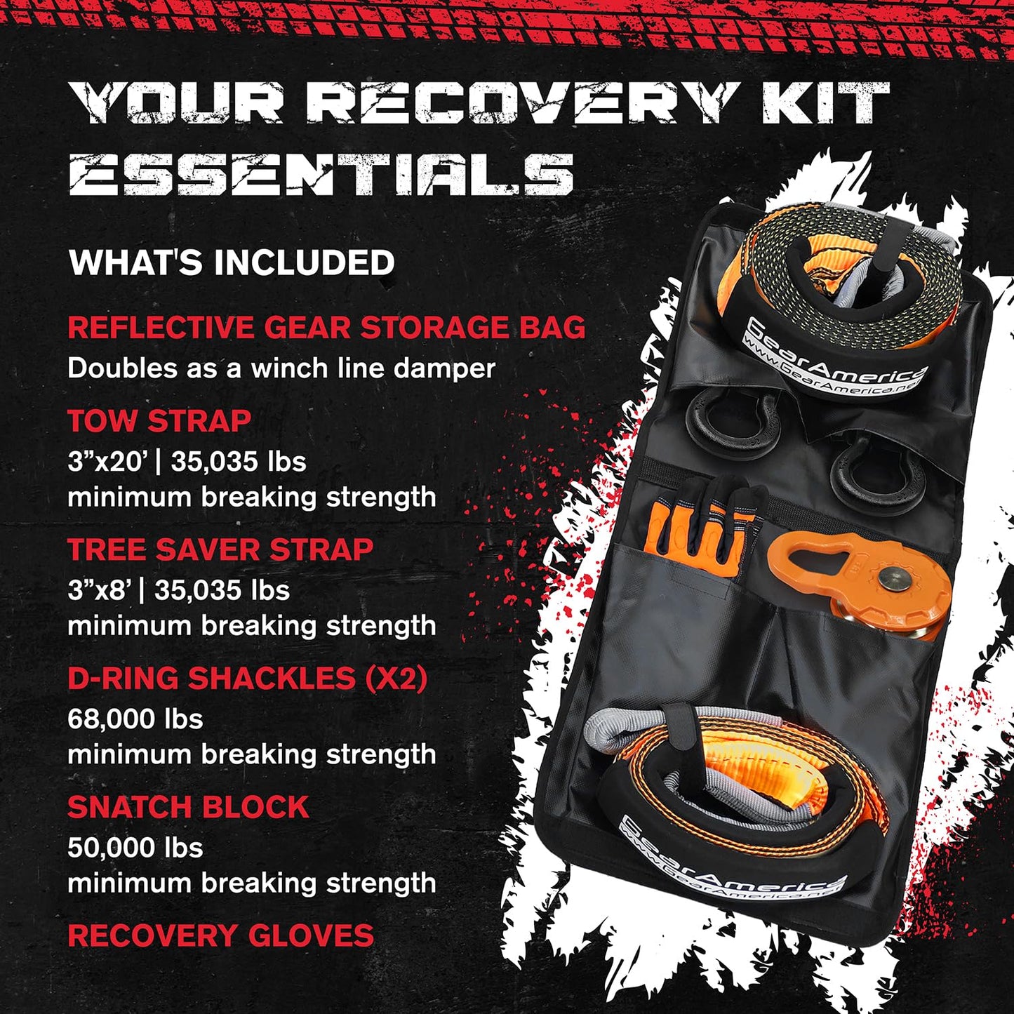 GearAmerica Off Road Recovery Kit, 25 Ton, Includes Tow Strap, Tree Saver, Mega Snatch Block Pulley, D-Ring Shackles, Winch Line Dampener Bag, Gloves - Off Road Recovery Gear, 4x4, Black