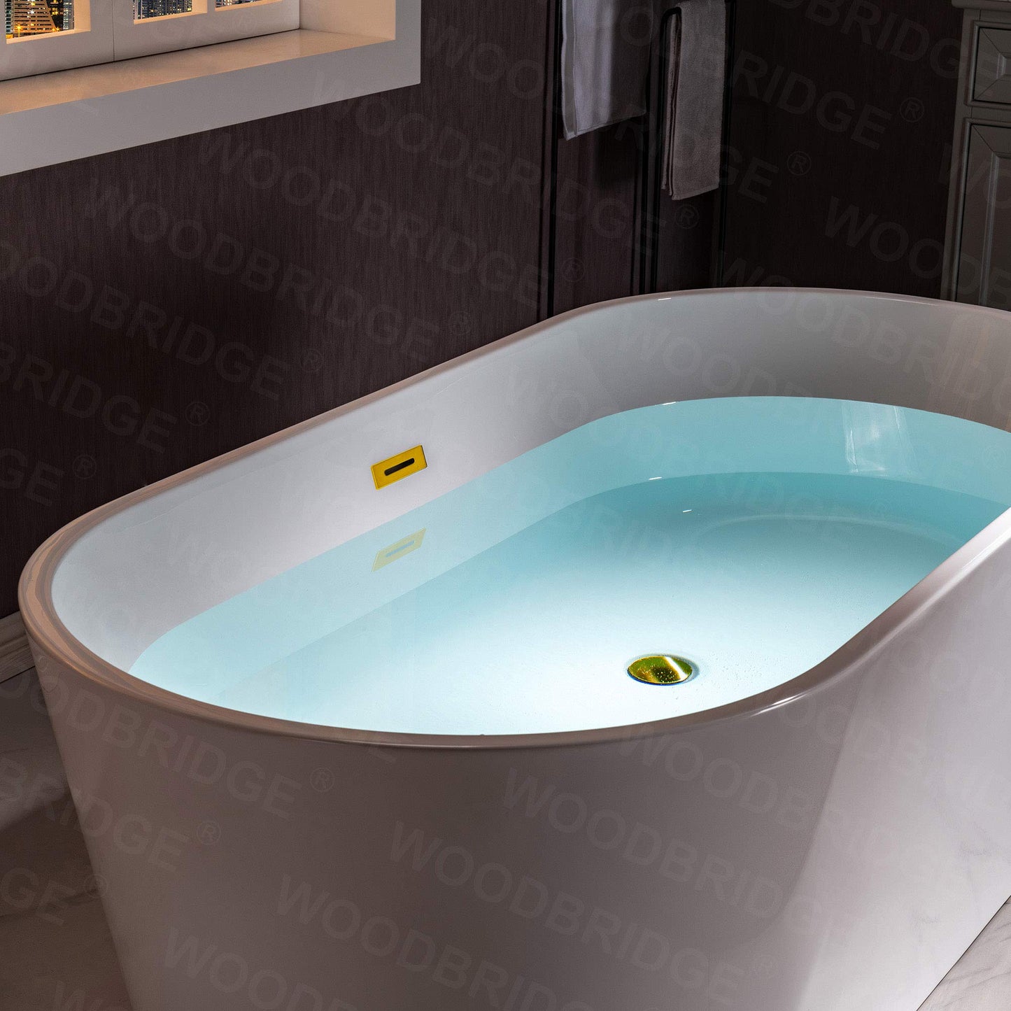 WOODBRIDGE 54"Freestanding White Acylic Soaking Bathtub with Brushed Gold Drain and Overflow,BTA1702-BG-Drain&O