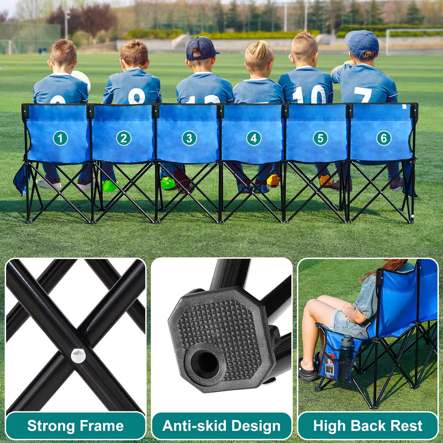 1MORE Portable Folding Bench, Foldable Sideline Bench for Team, 6 Seats Outdoor Camping Chair with Carry Bag & Backrest, Team Sport Sideline Bench for Football,Soccer, Fishing. Blue