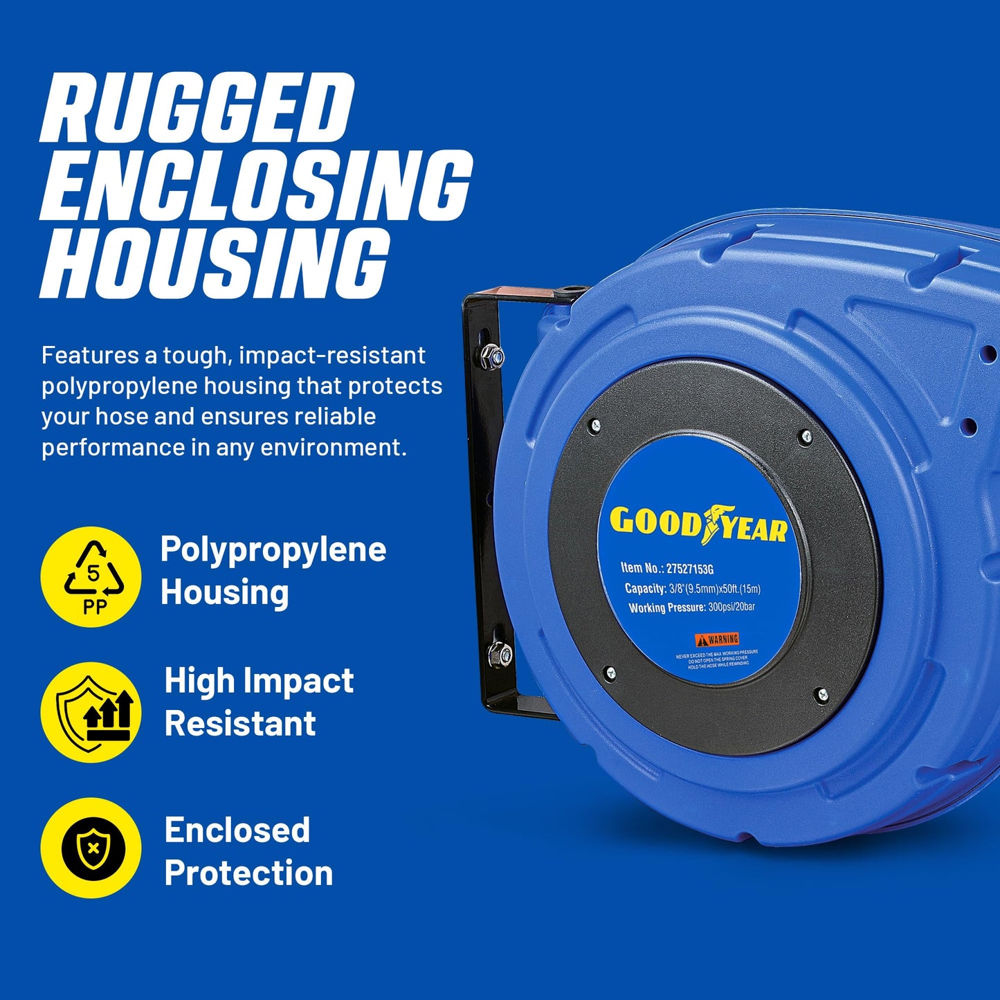 Goodyear Air Hose Reel Retractable 3/8" Inch x 50' Foot Hybrid Polymer Hose Max 300PSI Commerical Polypropylene Construction