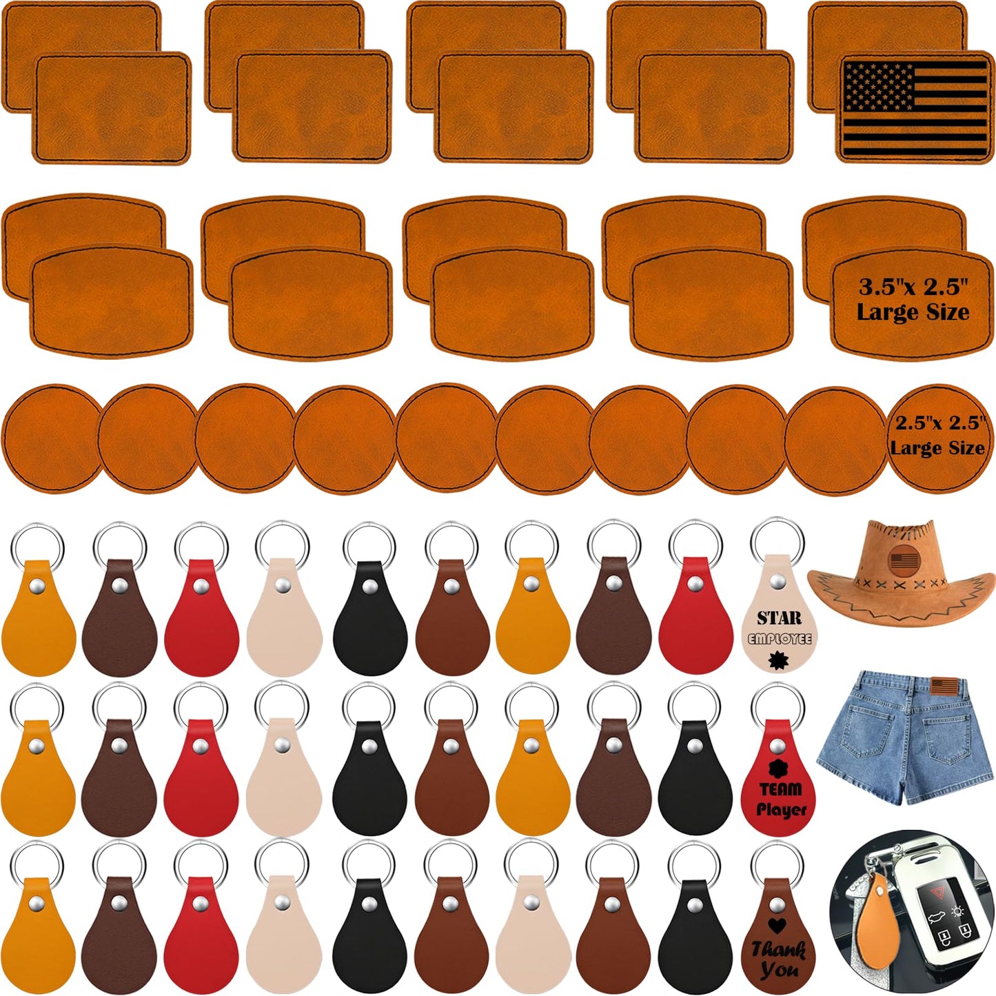 iFForce 60 Pcs Lasable Engravable Blanks - Leatherette Iron on Hat Patches & PU Leather Key Fob Kit for DIY Custom Laser Engraving Craft Gifts