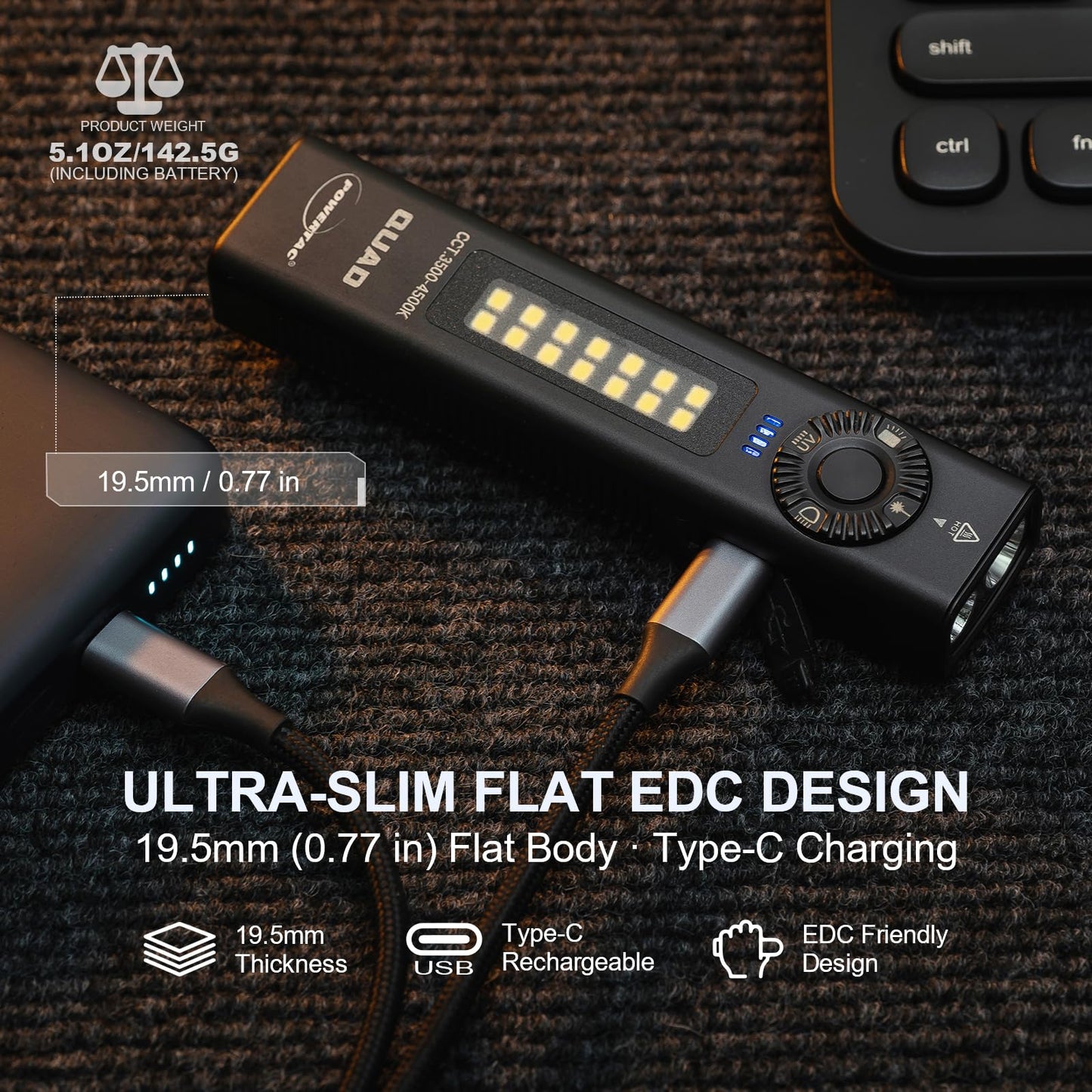 PowerTac Quad 2000 Lumen Flashlight, 4-in-1 Flat Design | USB-C Rechargeable, Multi-Light EDC Light