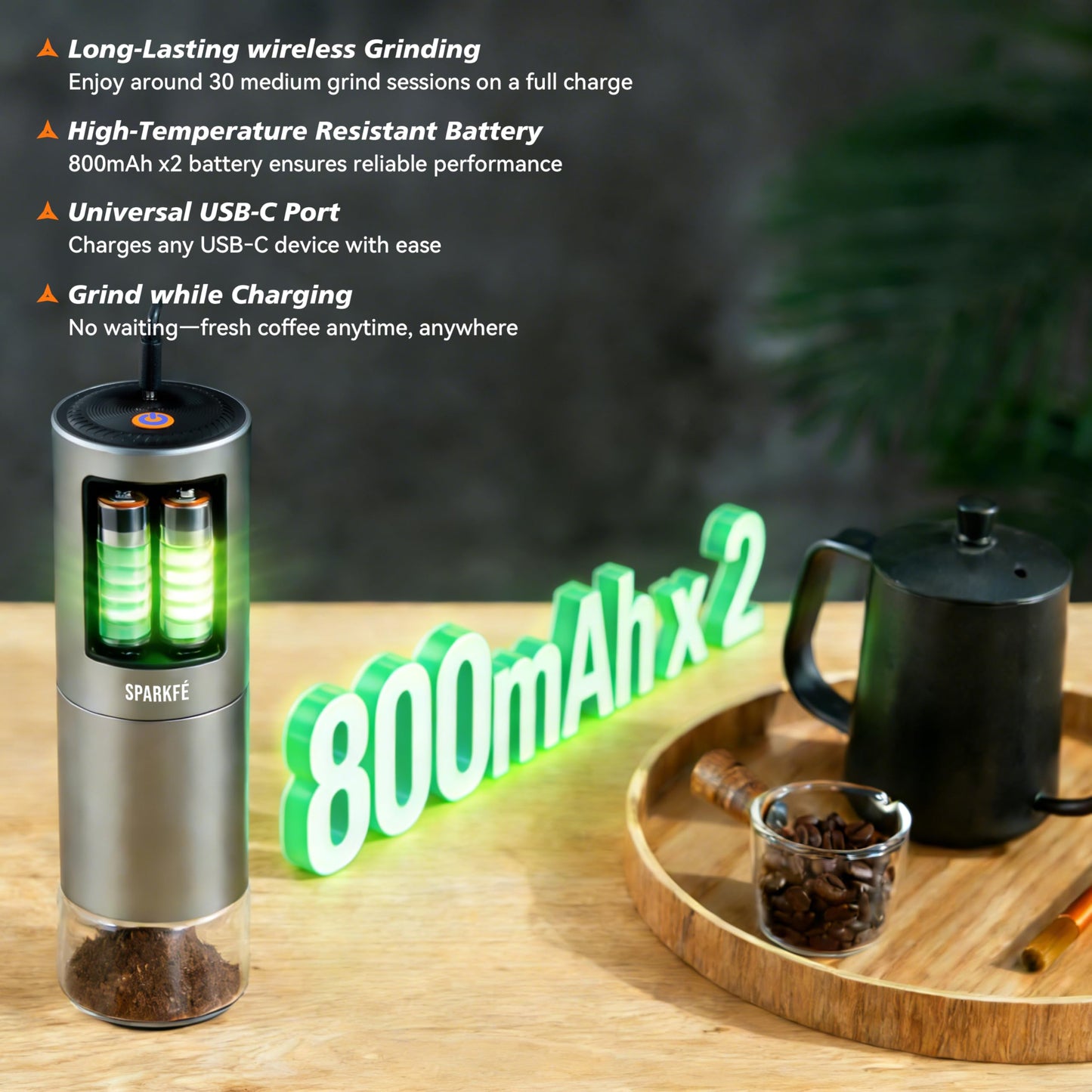 SPARKFE Portable Electric Coffee Grinder, Rechargeable Wireless Handheld Grinder with Stainless Steel Conical Burr, Adjustable Grind Settings, for Espresso, Moka, Pour Over, French Press, Cold Brew
