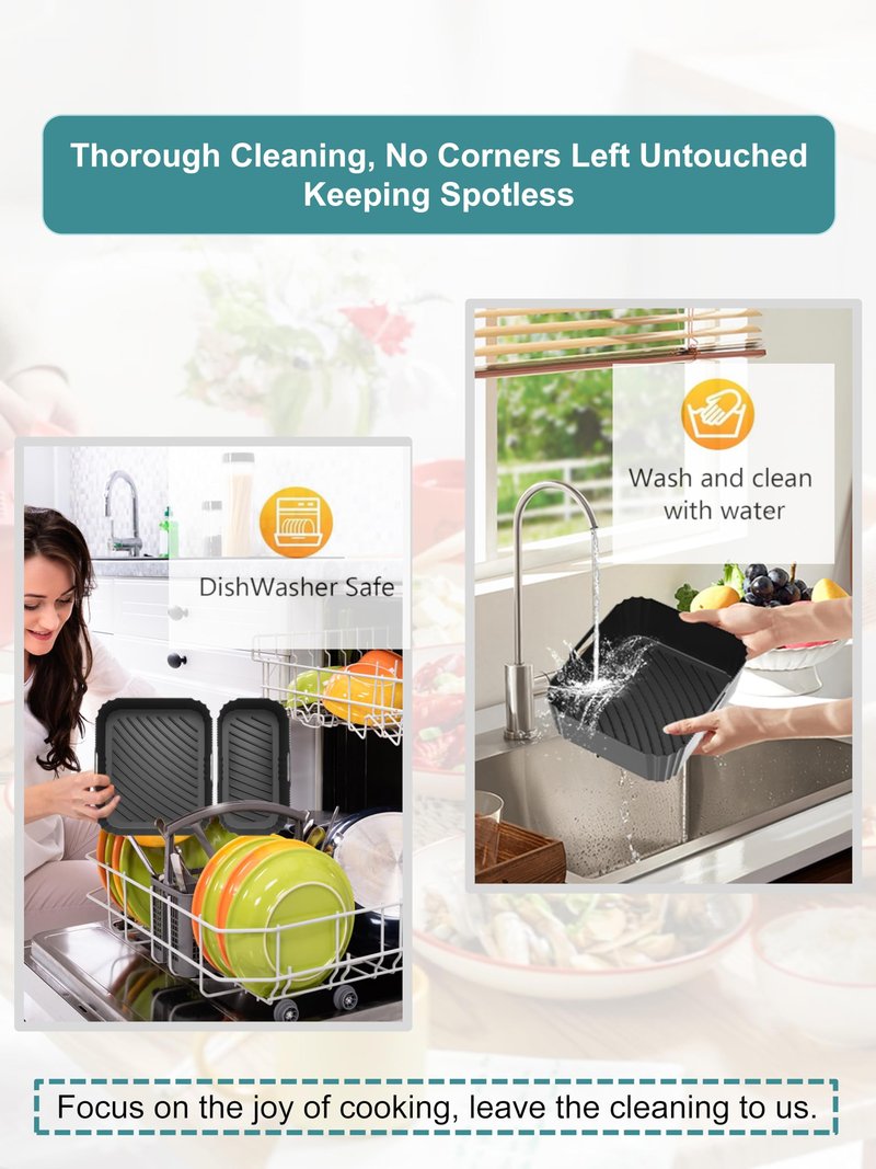 Szyeequoo Silicone Air Fryer Liners 2 Pack for Ninja Dual Zone, 1 Perforated and 1 Solid, Rectangle Reusable Liners for DZ201 DZ401 DZ550 DZ302, COSORI 9QT Instant Chefman Dual Basket Air Fryers