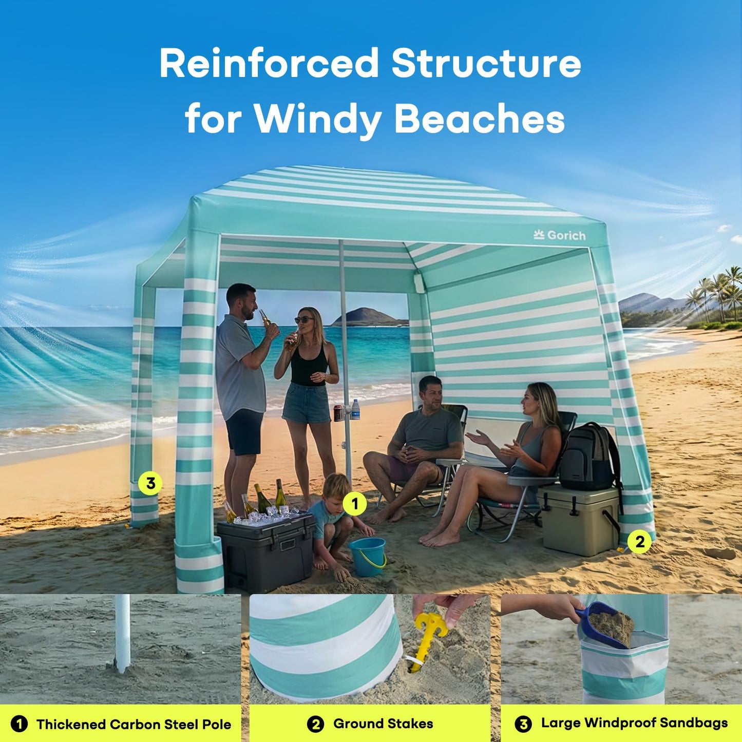 Gorich Beach Cabana with UPF50+ UV Protection, 8x8 FT/10x10 FT Beach Canopy Tent with Side Wall, Easy Setup, Windproof Portable Sun Shelter Shade for Family
