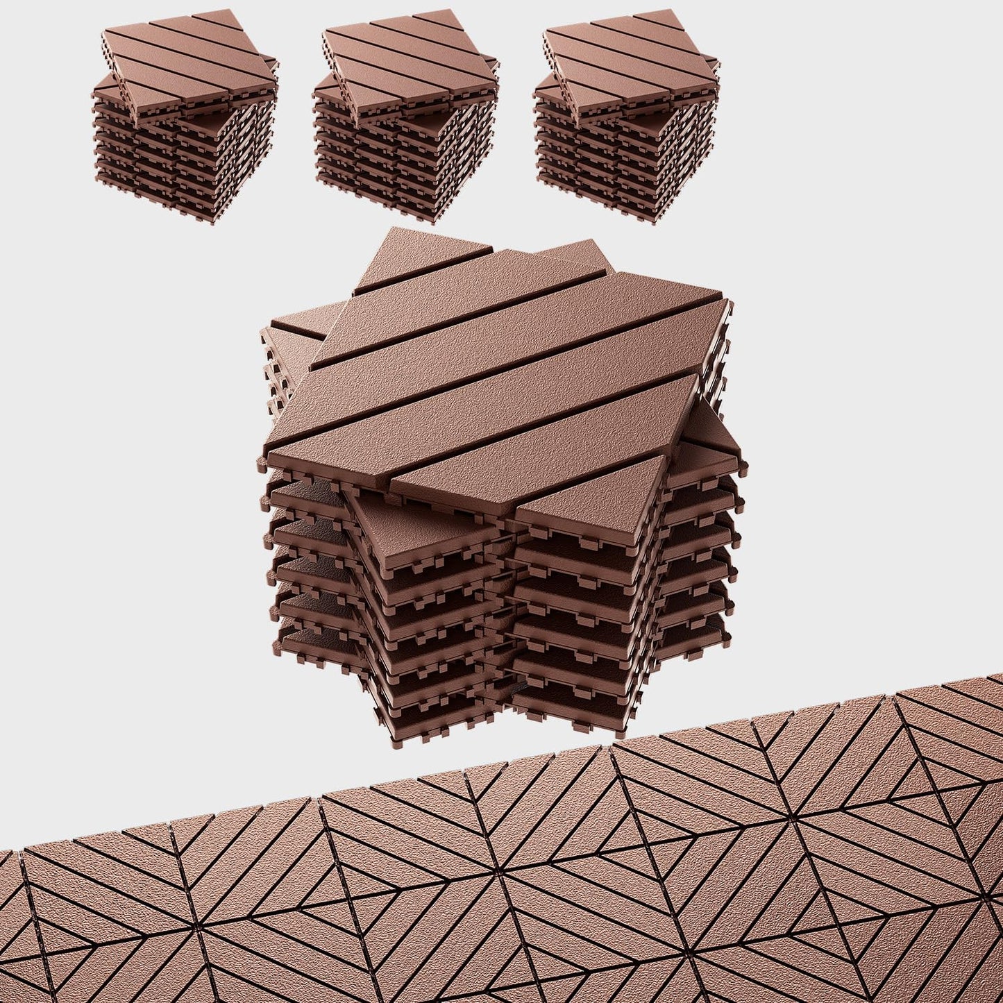 EchoDeck Interlocking Deck Tiles,44 Pack Deck Tiles Interlocking Outdoor All Weather,Patio Deck Tiles,12"x12",Diagonal,Sturdy Base,Highly Durable,Stylish,Non-Slip,Faster-Drying,Efficient,Brown