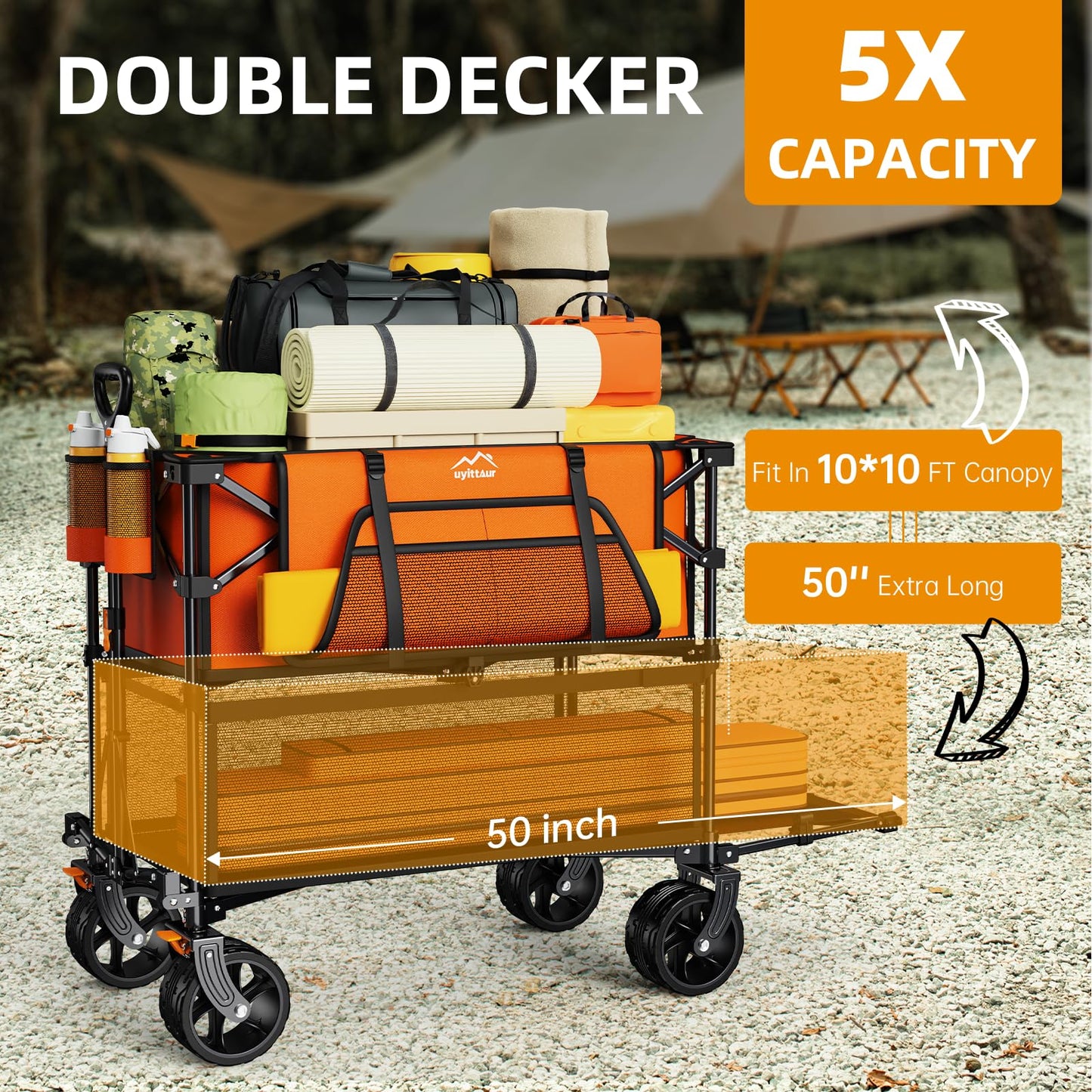 Uyittour Foldable 50''L Extra Long Double Decker Wagon for Sport, 400L Collapsible Heavy Duty Wagon Cart with Big Wheels, Utility All-Terrain Large Extender Cart for Outdoors, Orange
