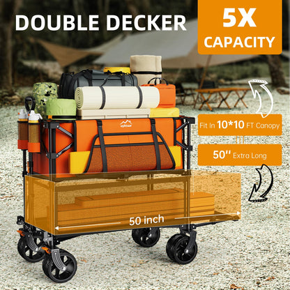 Uyittour Foldable 50''L Extra Long Double Decker Wagon for Sport, 400L Collapsible Heavy Duty Wagon Cart with Big Wheels, Utility All-Terrain Large Extender Cart for Outdoors, Orange