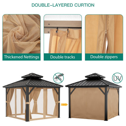 GarveeLife 10x10 ft Double Roof Hardtop Gazebo, Heavy Duty Galvanised Steel Hardtop Pavilion with Nettings and Curtains, Metal Roof Gazebo for Patio, Terrace, Lawn and Deck, Brown
