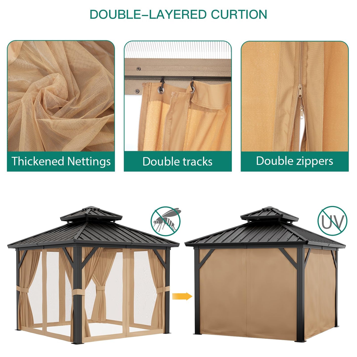 GarveeLife 10x10 ft Double Roof Hardtop Gazebo, Heavy Duty Galvanised Steel Hardtop Pavilion with Nettings and Curtains, Metal Roof Gazebo for Patio, Terrace, Lawn and Deck, Brown