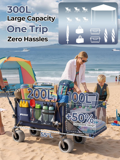 Aimnny Beach Wagon with Big Wheels for Sand, 9"x4" All-Terrain with Brakes, 300L Capacity Beach Cart with 55" Expandable Tailgate, Heavy Duty Collapsible Wagon for Camping Outdoor (Blue)