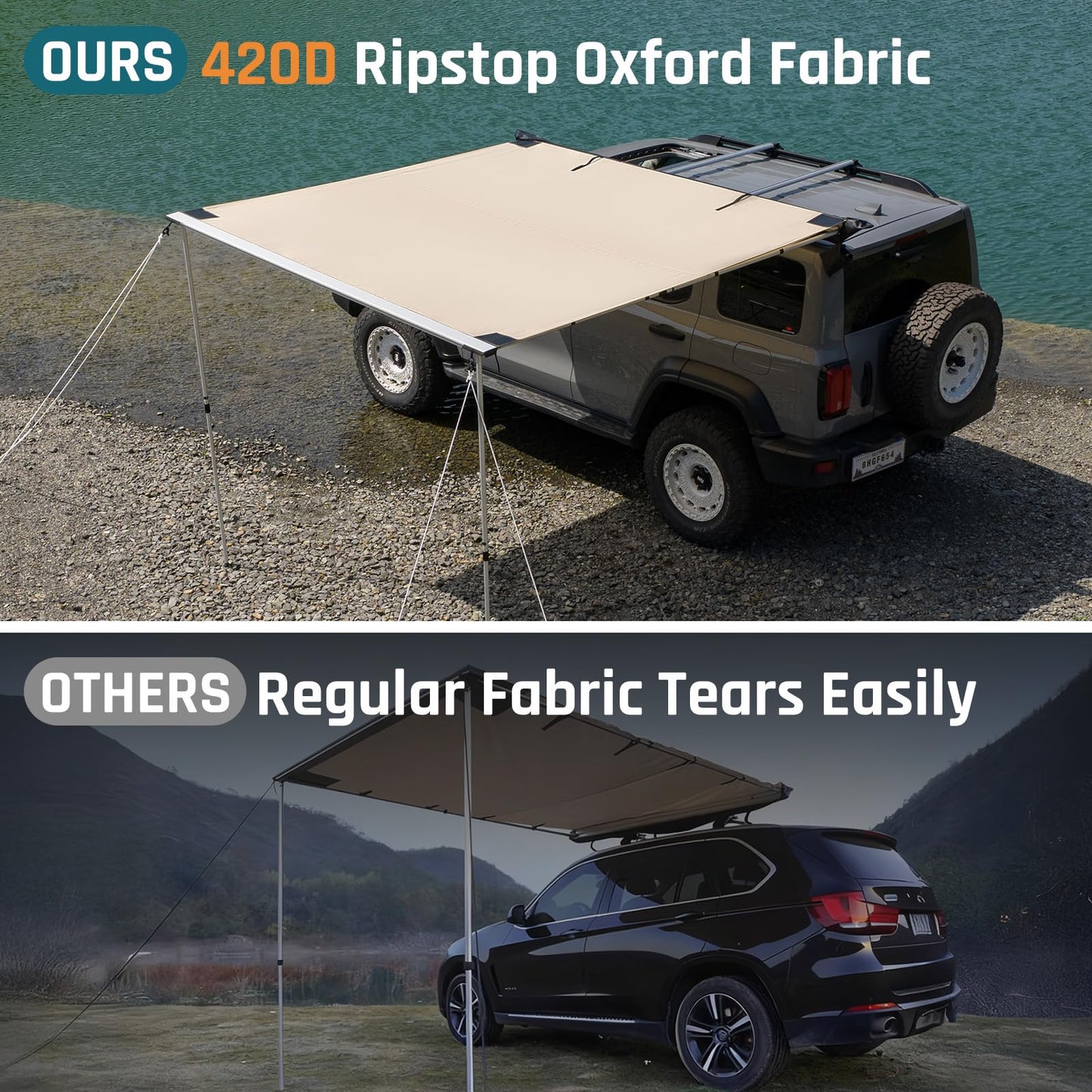 Vehicle Awning 8.2'×8.2' Roof Rack Pull-Out Sun Shade with UV Protection and Waterproof PU1000mm, Retractable Easy Up Camper Awning, Jeep/SUV/Truck/Van/RV Awning for Camping and Overland