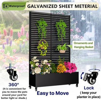 Metal Planter Box with Trellis,72"x47"x16"Galvanized Steel Outdoor Raised Garden Bed with Privacy Screen,with Drainage Holes & Lockable Casters for Climbing Plants,Vegetables,and Vines(Black-BYC)