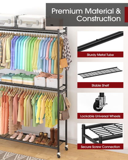 Sakugi Clothes Rack - 45.2" x 12.2" x 79.5" Clothing Rack with Shelves & Wheels, Multi-Functional Wardrobe Closet with Hooks, Sturdy Metal Garment Rack for Bedroom, Laundry, Balcony (Black)