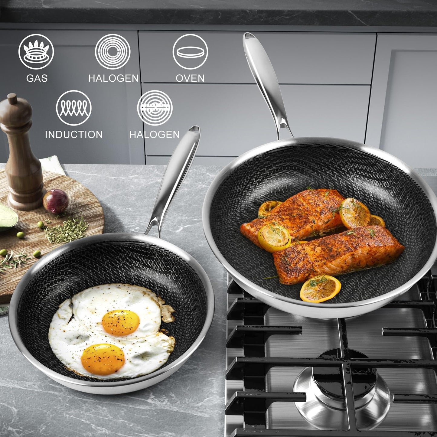 Innerwell 6 Piece Stainless Steel Frying Pan Set with Lids Cookware Set Nonstick Honeycomb Frying Pan Set 3pcs W/Stay Cool Handle Skillet Works Pan for Cooking with Induction Gas Stovetops