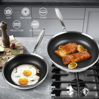 Innerwell 6 Piece Stainless Steel Frying Pan Set with Lids Cookware Set Nonstick Honeycomb Frying Pan Set 3pcs W/Stay Cool Handle Skillet Works Pan for Cooking with Induction Gas Stovetops