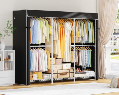 ULIFHOME E14C Pro Heavy Duty Closet Organizer System，Freestanding Clothing Racks for Hanging Clothes，Adjustable Garment Rack 69" W × 16" D × 77" H Hold 960 lbs，White Rack with Black Dustproof Cover