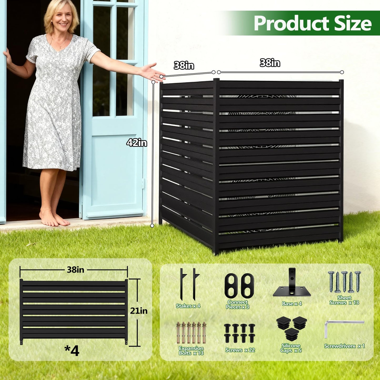 GILPWA 42" H x 38" W (2 Panels) Outdoor Privacy Screens, Air Conditioner Fence Metal Trash Can Privacy Fence Panels for Garden, Pool Equipment Enclosure, No Dig Backyard Patio Fencing (Black)