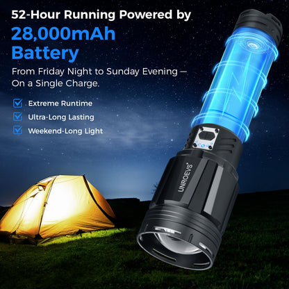 Brightest Flashlight 35000 Lumens, Most Powerful Flashlight with 28000mAh Battery, Super Bright Tactical Flash Light with Adjustable Zoom, USB Outpot, Shoulder Strap for Outdoor, Camping, Emergency