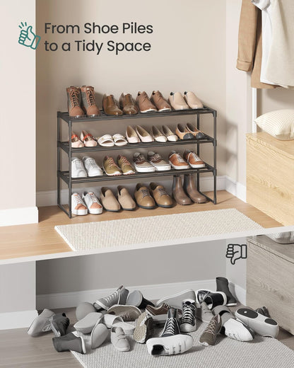 SONGMICS 3-Tier Shoe Rack - Stackable Metal Organizer for 16-20 Pairs | Black, 11.8 x 36.2 x 21.7 Inches