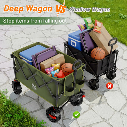 TIMBER RIDGE Outdoor Collapsible Folding Wagon with Brakes and Cup Holders, 500lbs Heavy Duty All Terrain Wheels Utility Cart for Shopping Camping Garden Sports, Green