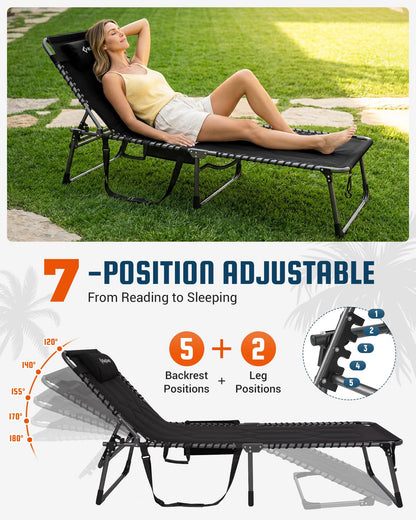 KingCamp Oversized Tanning Chair, Extra-Wide Padded Folding Chase Lounge Chairs Portable Adjustable 5-Position 440lbs Heavy Duty Lounger with Double-Layer Oxford for Outdoor Beach Patio Sun Pool Black