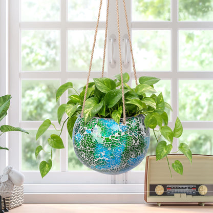 Chonsun Hanging Planter Mosaic Garden Pot Small Flower Pot for Indoor Plant Disco Ball Hanging Planter with Drainage Green