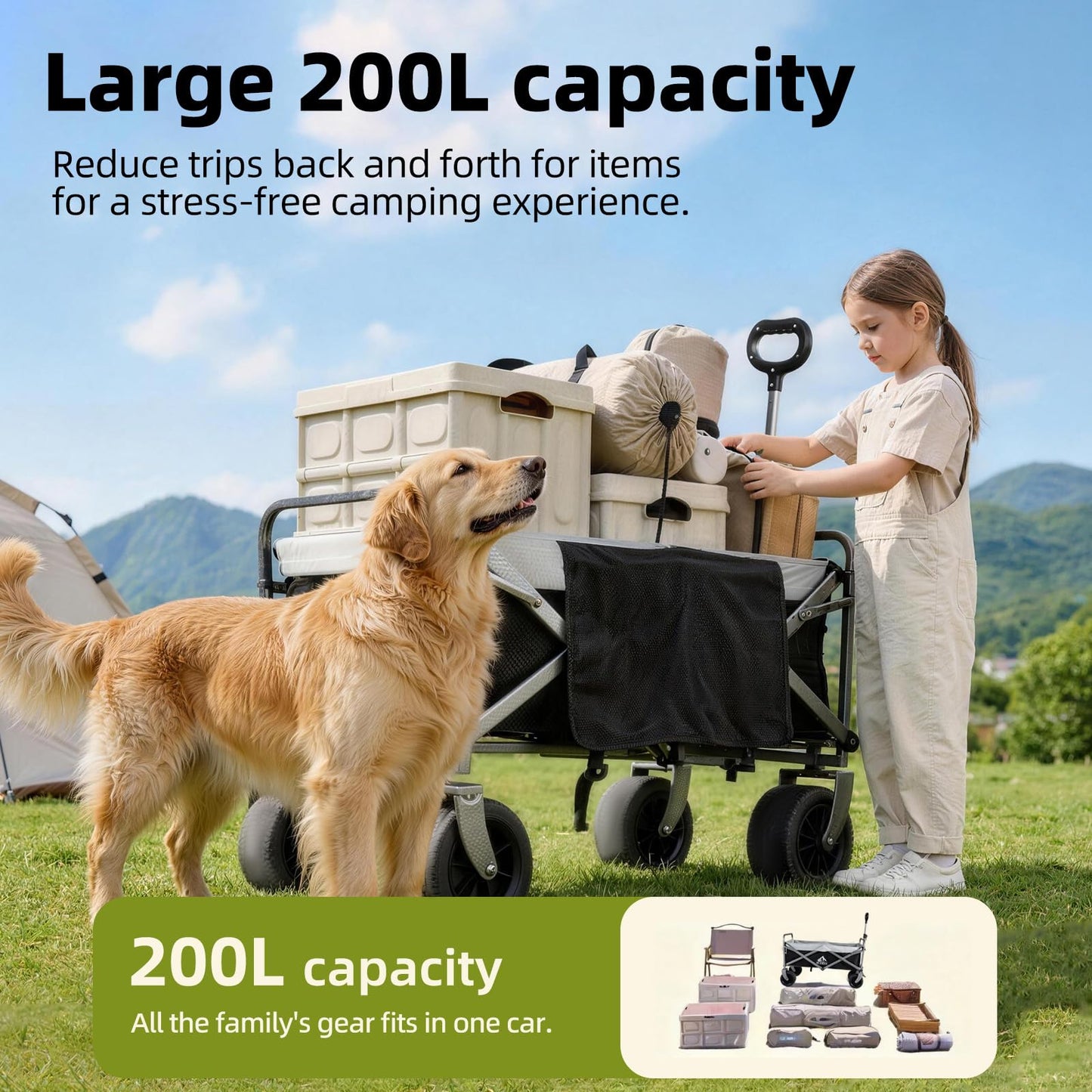 BUERTS Collapsible Wagon - 600LBS Heavy-Duty Large Capacity Foldable Utility Cart, Oversized All-Terrain Wheels, 3-Second Quick Fold Beach Wagon for Camping, Gardening, Beach & Backcountry Trip（BLACK）