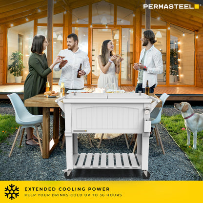 Permasteel Party Cooler with Divider, Spacious 80-Qt Capacity, Chills 36hrs, Serving Tray, Rolling Ice Chest for Indoor and Outdoor Entertainment, Matte White