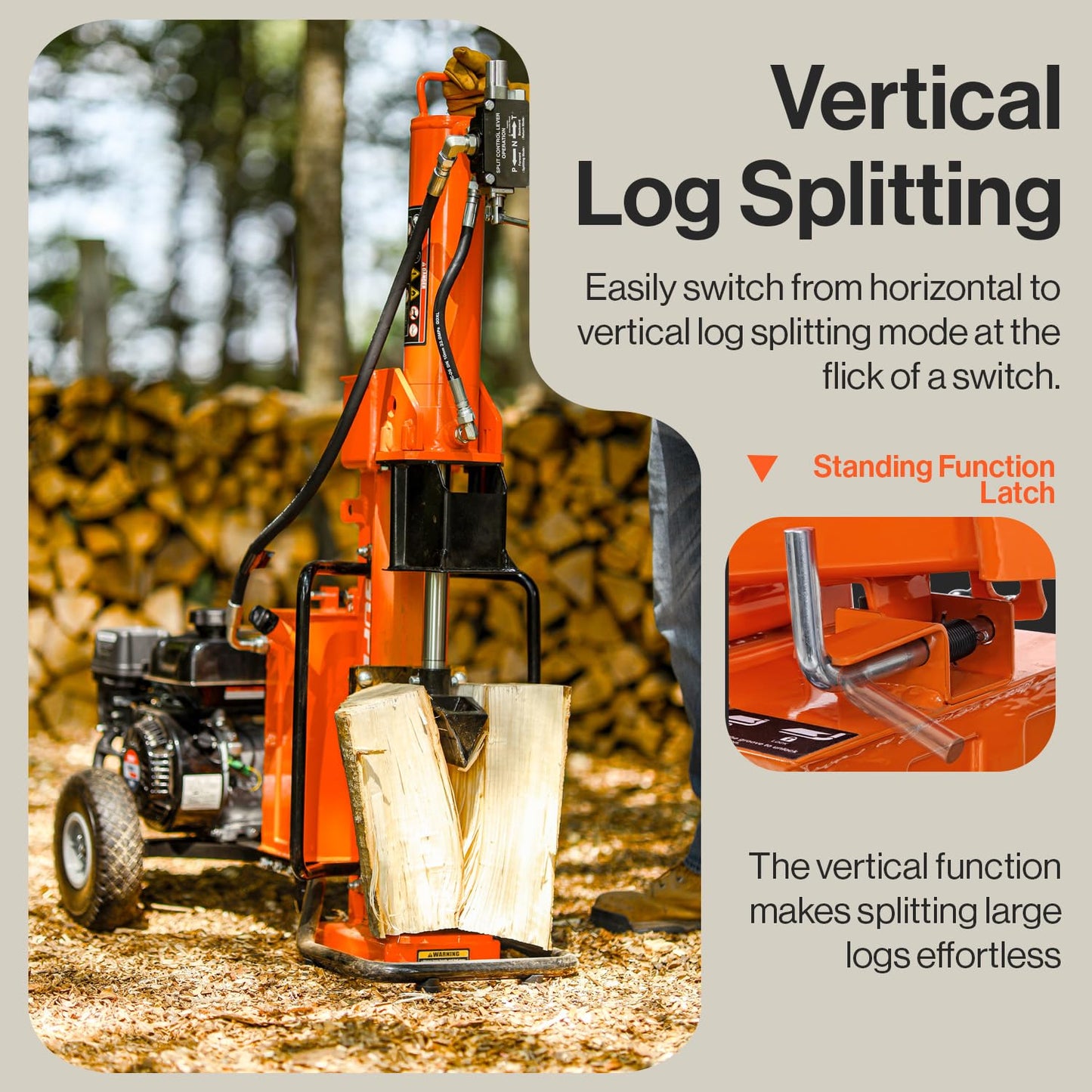 SuperHandy Log Splitter with Durable Steel Wedge, Portable Design for Firewood and Forestry Harvesting (25 Ton Gas Powered)