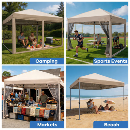 HAVZENO 10x10 Pop Up Canopy Tent with Mosquito Netting, Portable Waterproof Instant Outdoor Screen Shelter, Pop Up Tent for Patio, Backyard, Parties, Camping and Events, Beige