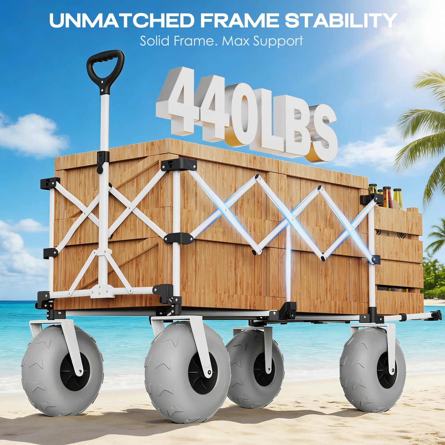 Navatiee 260L Beach Wagon with Extended Tailgate, 440lbs Heavy Duty Beach Cart with 9” Big Balloon Wheels for Sand, Collapsible Folding Wagon with Side Pocket for Outdoor, Light Blue