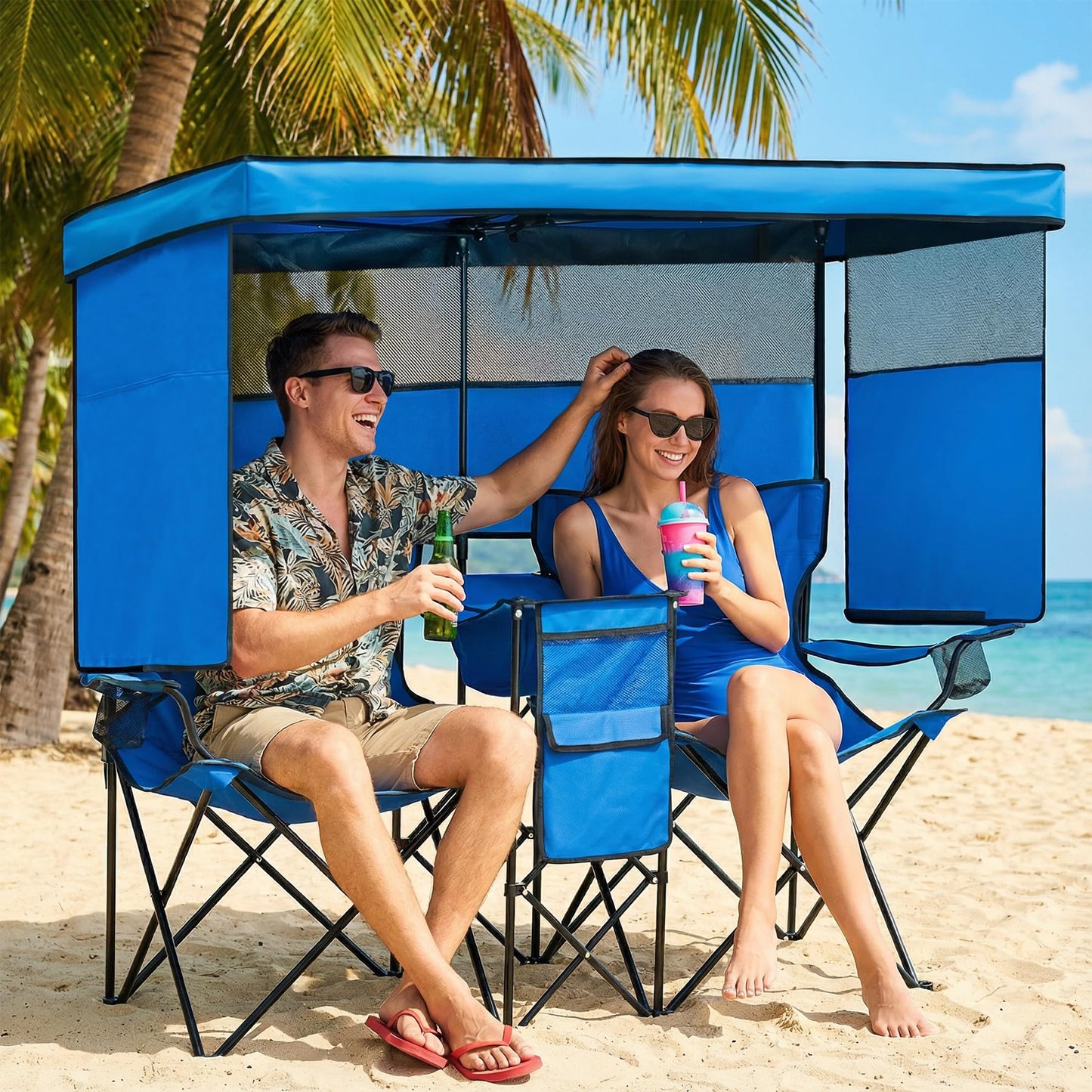 WTVIDAS Double Beach Chair with Canopy Shade Oversized Camping Chairs with Cooler Bag&Cup Holders Folding Loveseat for Outside Lawn Camping